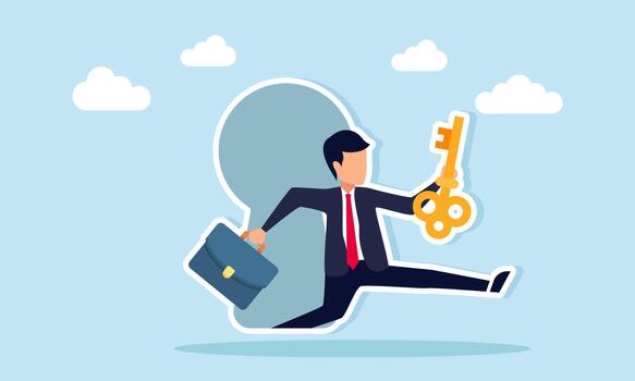 Businessman carrying a key trying to jump and run out of a keyhole illustrating finding a solution to business problems vector