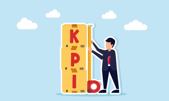 Businessman using a measuring tool to assess the height of KPI stacked boxes illustrating employee performance evaluation based on KPI vector