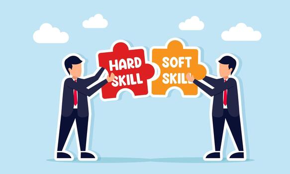 Businessmen holding puzzle pieces labeled Hard Skill and Soft Skill illustrating the importance of balancing technical abilities and interpersonal skills vector