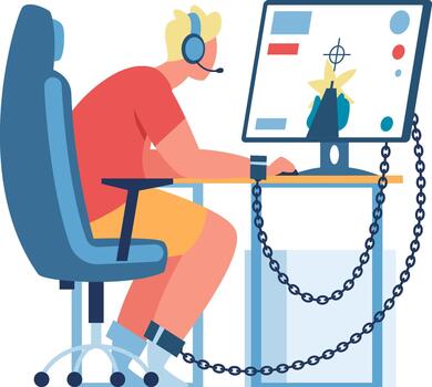 joven hombre encadenado a computadora pantalla jugando juego vector