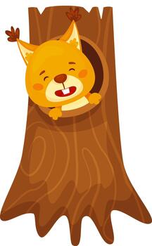 Happy squirrel peeking from tree trunk hole vector