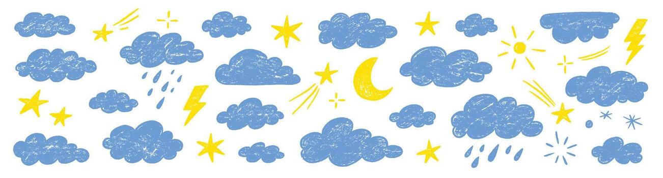 Cloud crayon texture star, moon, comet set. Hand drawn crayon pencil stroke cloud, moon, sun weather shape with chalk texture. Sky elements for kid, baby, school background design. vector
