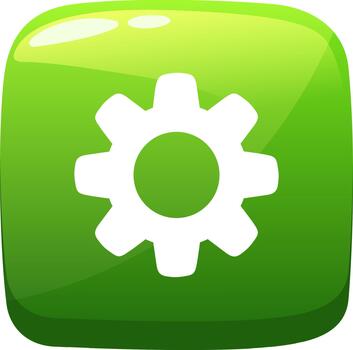 Green glossy button displaying white settings gear icon vector