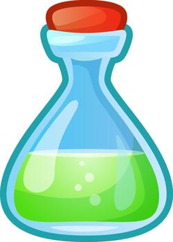 Glass flask containing bubbling green liquid elixir vector