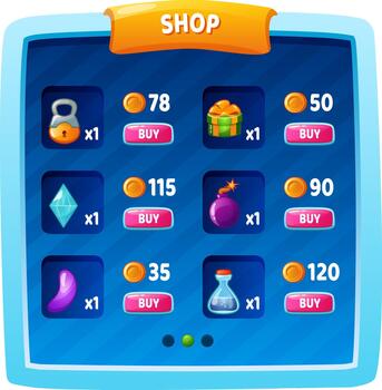 juego tienda interfaz mostrando artículos para en aplicación compra vector