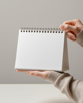 Clean tabletop calendar mockup with spiral ring. Blank paper, hand hold, soft neutral background. Perfect for brand presentation, schedule design, office stationery, planner cover. photo