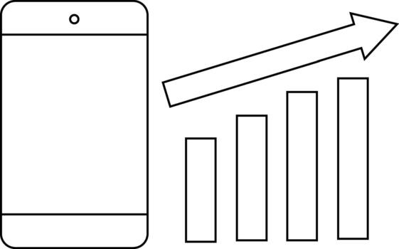 Minimalist line art of smartphone with rising bar graph and arrow vector