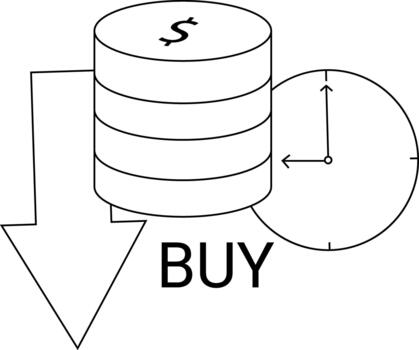 down arrow icon and stack of dollar coins icon and wall clock and buy text with white background vector