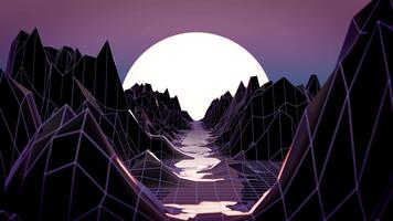 sömlös slinga bakgrund med mörk dal av låg poly vinkel- bergen upplyst förbi en lysande Sol. landskap animering med ljus solnedgång i retro trogen synthwave stil. 3d framställa , 4k 60 fps video