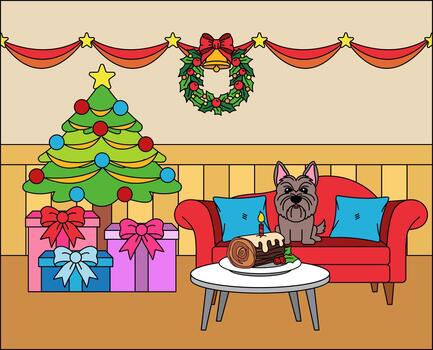 a dog on a couch in front of a Christmas tree vector