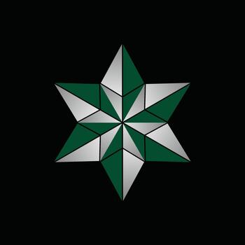Geometric six-pointed star icon with alternating green and metallic silver triangle facets vector
