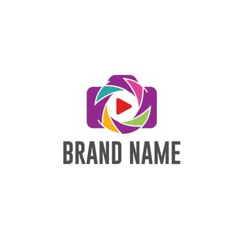 Modern vibrant camera logo with abstract colorful aperture and play button symbol vector