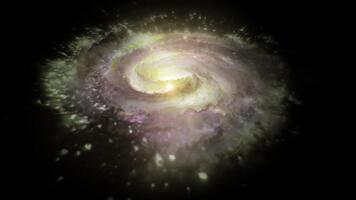 un' vivace viola e giallo spirale galassia ruota nel spazio, giocando con plasma energia e luce. voi può uso Questo animazione nel il tuo astrologico e cosmico progetti o come un' sfondo. video