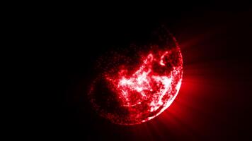 un astratto neon sfera di luminosa rosso colore, sospeso nel un' surreale spazio, ruota, si avvicina e in movimento lontano a partire dal noi. video