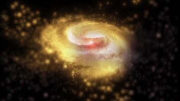un' luminosa d'oro spirale galassia ruota nel spazio, giocando con plasma energia e luce. voi può uso Questo animazione nel il tuo astrologico e cosmico progetti o come un' sfondo. video