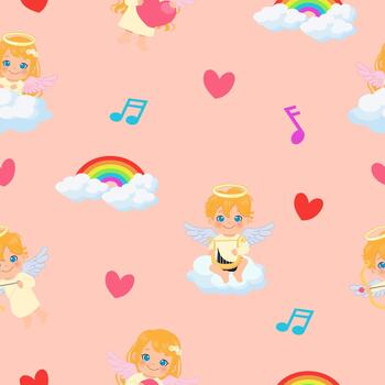 Cute cupid angels playing in the sky and clouds seamless pattern. vector