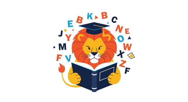 A smart cartoon lion wearing a graduation cap is reading a book surrounded by floating letters of the alphabet. vector