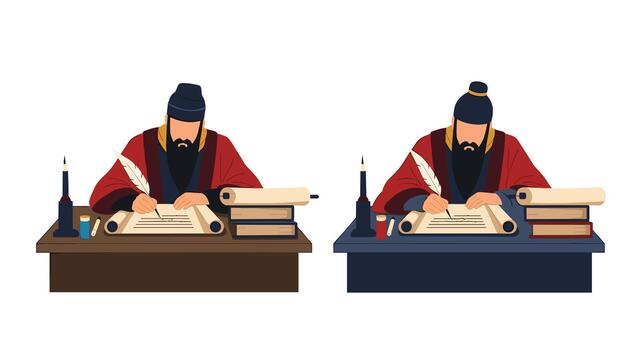 Two illustrations of an ancient chinese scholar or historian with a beard writing on a scroll with a feather quill pen. vector