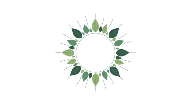 Minimalist and modern circular frame design composed of various shades of green leaves radiating outwards from a central point. vector