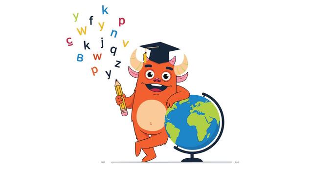 A smart and happy orange monster with a graduation cap and a pencil leans on a globe with letters floating around him. vector