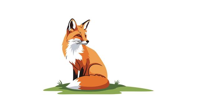 An elegant red fox with a fluffy white chest and tail tip sits gracefully in a patch of green grass on a white background. vector