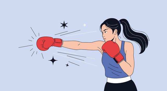 un fuerte y enfocado joven mujer con un cola de caballo es puñetazos con un rojo boxeo guante en un dinámica y poderoso pose. vector