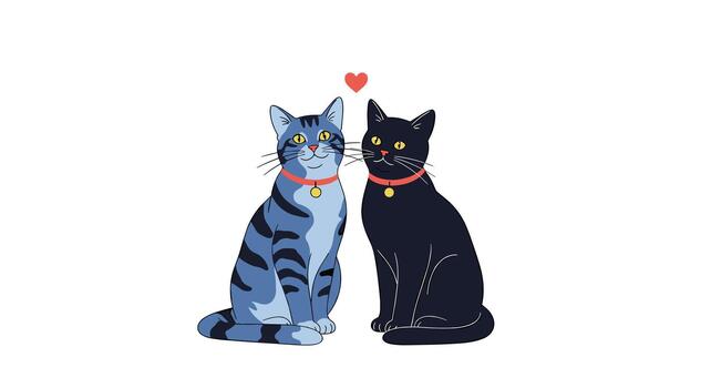 Adorable pair of a grey tabby cat and a black cat sitting together with a small red heart floating between them symbolizing love. vector