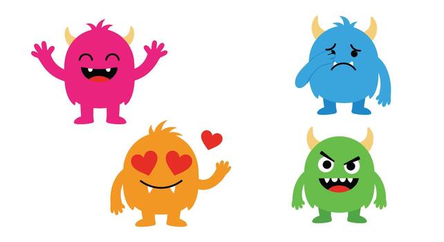 Set of four colorful and expressive monster characters showing different emotions including happy sad in love and angry actions. vector