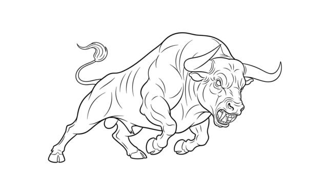 poderoso y muscular toro es capturado en un dinámica cargando actitud en esta negro y blanco línea Arte ilustración. vector
