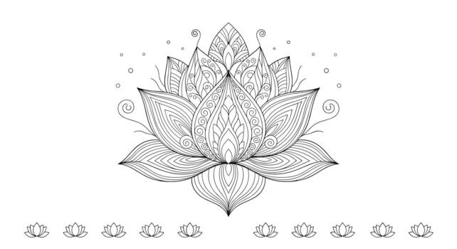 Intricately detailed black and white lotus flower with ornamental patterns and a row of smaller lotuses below for coloring. vector