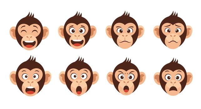 Set of eight cartoon monkey head emojis showing a wide range of different facial expressions from happy and sad to angry and surprised. vector