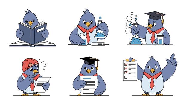 A set of six cartoon bird characters as a student or scientist reading a book doing chemistry and presenting results. vector