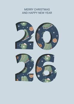 Festive greeting card with Merry Christmas and Happy New Year and bold 2026 filled with winter icons ice skates, cocoa mugs, snowflakes, pine cones, cookies, and mittens on dark blue background vector