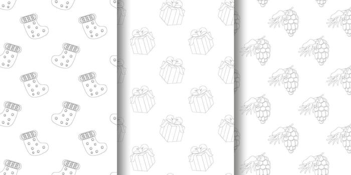 Tres sin costura patrones Navidad medias con floral detalles, regalo cajas con arcos, y uva racimos en línea Arte. vertical diseño para envase papel, textiles, y estacional artesanía vector