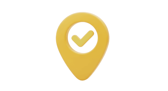 Yellow map pin with check mark symbol isolated on a transparent background location navigation png
