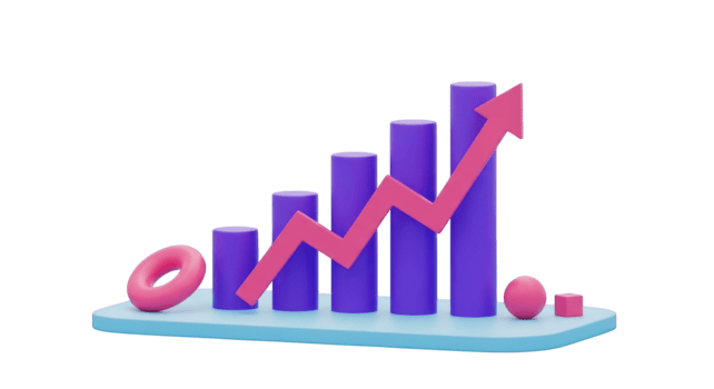 3 D bar chart with pink arrow and geometric shapes isolated on a transparent background graph png