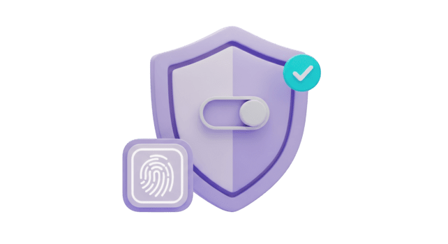 3 D Security Shield with Fingerprint and Toggle Switch isolated on a transparent background png