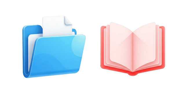 Blue folder with papers and open book isolated on a transparent background document file png