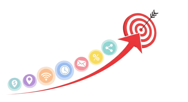 rojo flecha grafico con íconos y objetivo aislado en un transparente antecedentes gráfico datos png