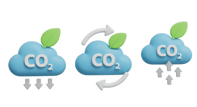 tre blu nuvole con c o2 testo e le foglie isolato su un' trasparente sfondo carbonio biossido png