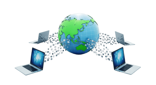 laptops conectando para globo com digital dados córregos isolado em uma transparente fundo png