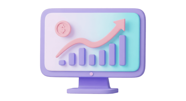 3 D Computer Monitor Displaying Financial Growth Chart isolated on a transparent background png