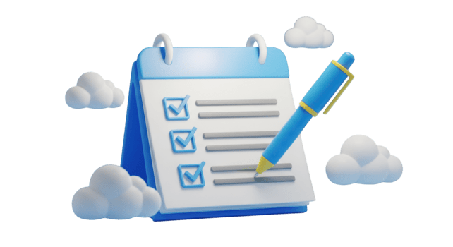 3 d lista di controllo calendario con penna e nuvole isolato su un' trasparente sfondo fare elenco png