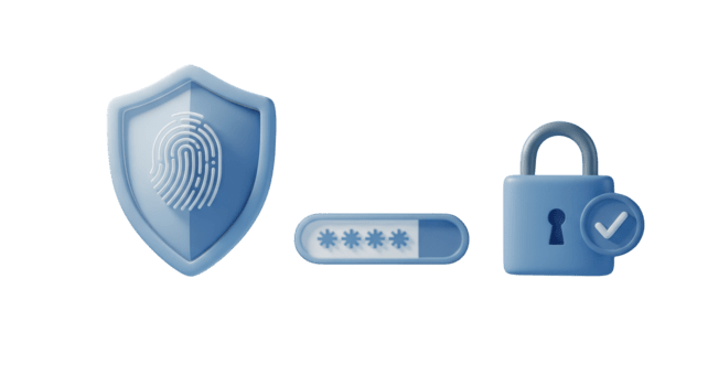 blu scudo con impronta digitale parola d'ordine serratura e segno di spunta isolato su un' trasparente sfondo png