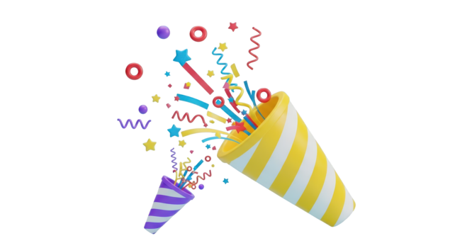 två fest poppers exploderande med färgrik konfetti isolerat på en transparent bakgrund firande png