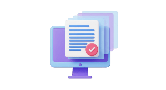 3 D computer monitor with stacked documents and checkmark isolated on a transparent background png