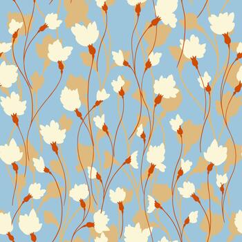 Seamless pattern featuring delicate cream buds on long curved stems with warm beige leaves over a soft blue background, creating a gentle botanical and elegant decorative design vector