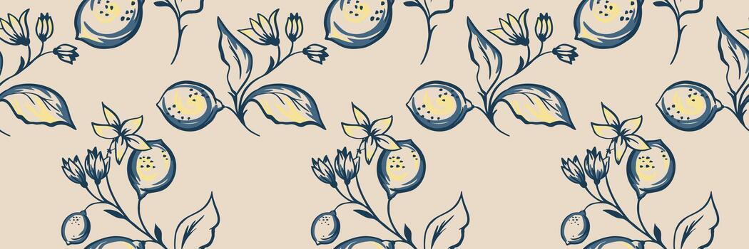 sin costura modelo con expresivo mano dibujado limón sucursales, flores y hojas en negrita azul golpes con suave amarillo acentos en un beige antecedentes. Perfecto para textiles y elegante superficie diseño vector