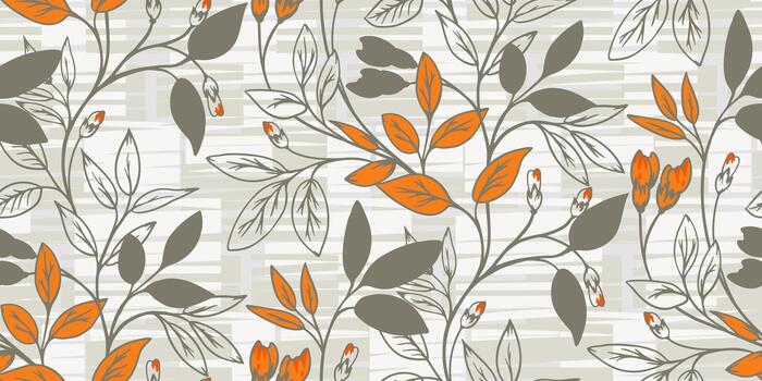 elegante botánico modelo presentando estilizado sucursales, hojas, y brotes en terroso naranja y gris pardo tonos en un texturizado geométrico antecedentes. ideal para tela, embalaje, y decoración vector