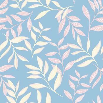 delicado sin costura modelo con suave pastel botánico ramas y esbelto hojas en un ligero azul fondo, creando un aireado, elegante y decorativo naturaleza inspirado diseño vector